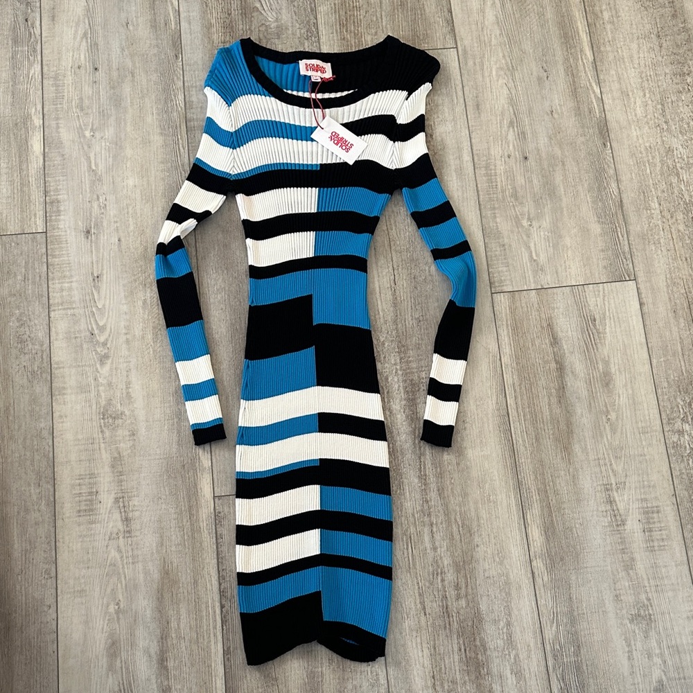 SOLID & STRIPED Blue, Black, and White Long Sleeve Dress